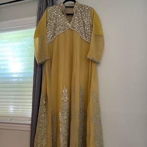 Yellow and Silver Sparkly Long Dress with Pearls Mehendi Wedding Outfit SALE